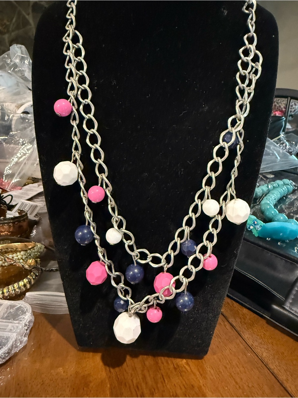 Multi-Strand Pink, White & Blue Bead Statement Necklace